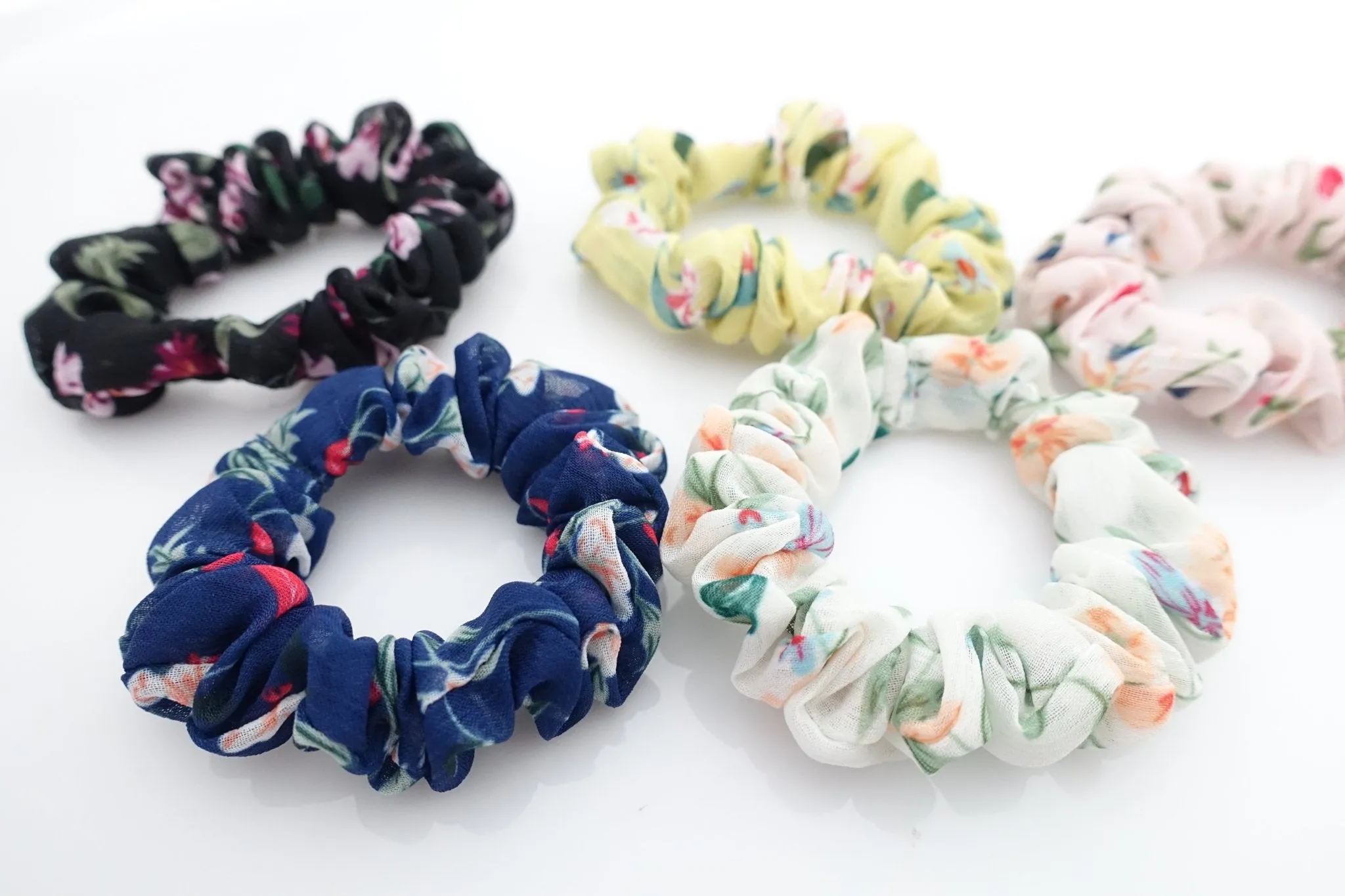 A Pack of 5 Flower Print Hair Elastic Mini Thin floral Scrunchies