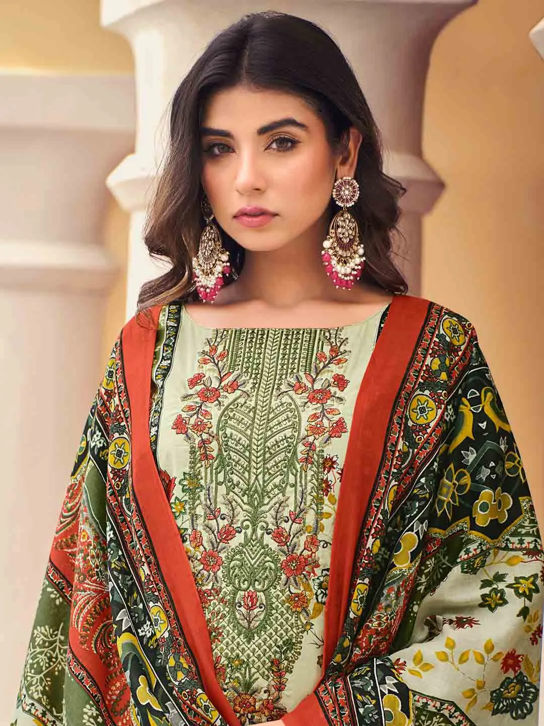 Belliza Pakistani Print Green Unstitched Women Cotton Suit Material