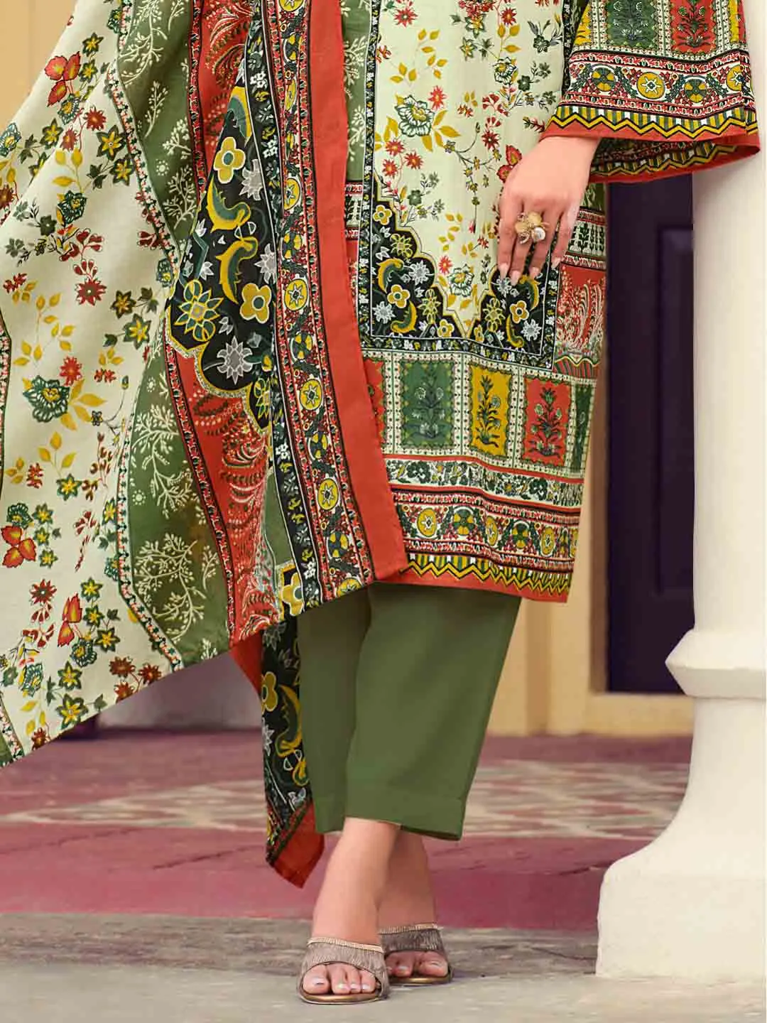 Belliza Pakistani Print Green Unstitched Women Cotton Suit Material