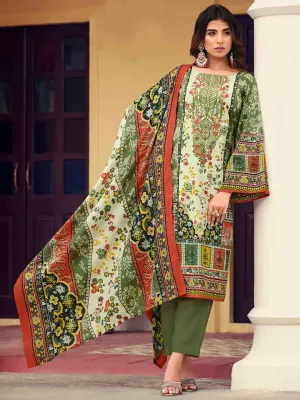 Belliza Pakistani Print Green Unstitched Women Cotton Suit Material