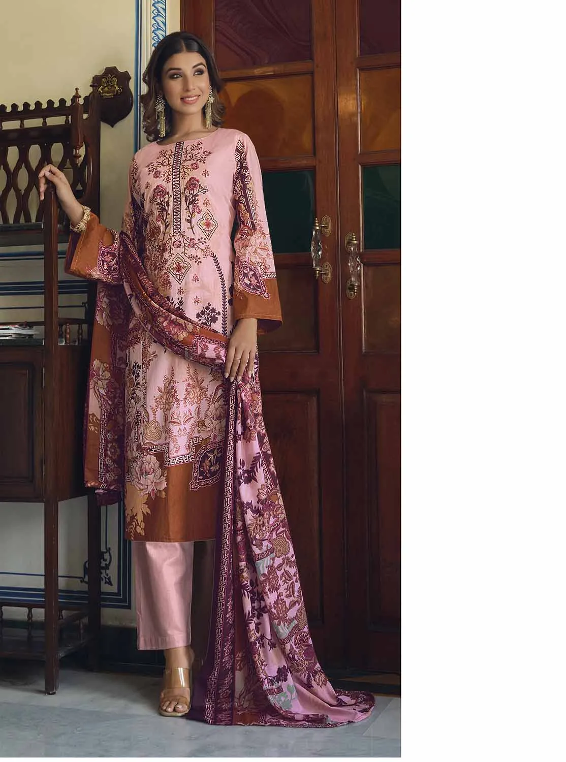 Belliza Pakistani Print Unstitched Cotton Suits with Dupatta Pink