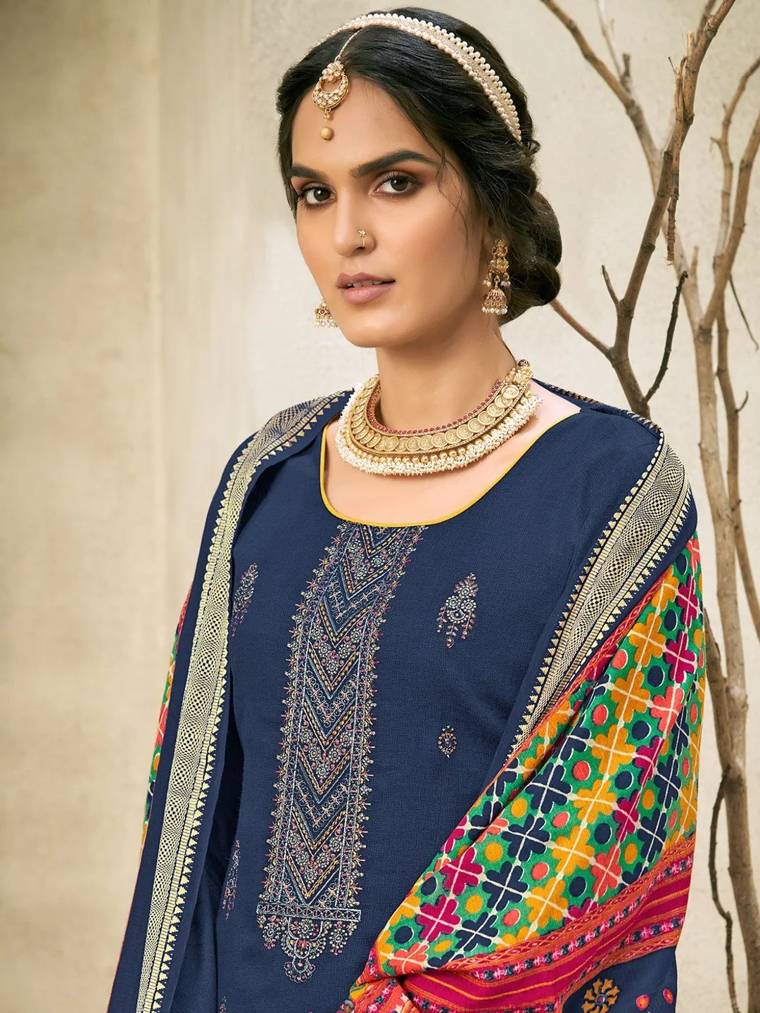 Blue Embroidered Unstitched Cotton Salwar Suit Material