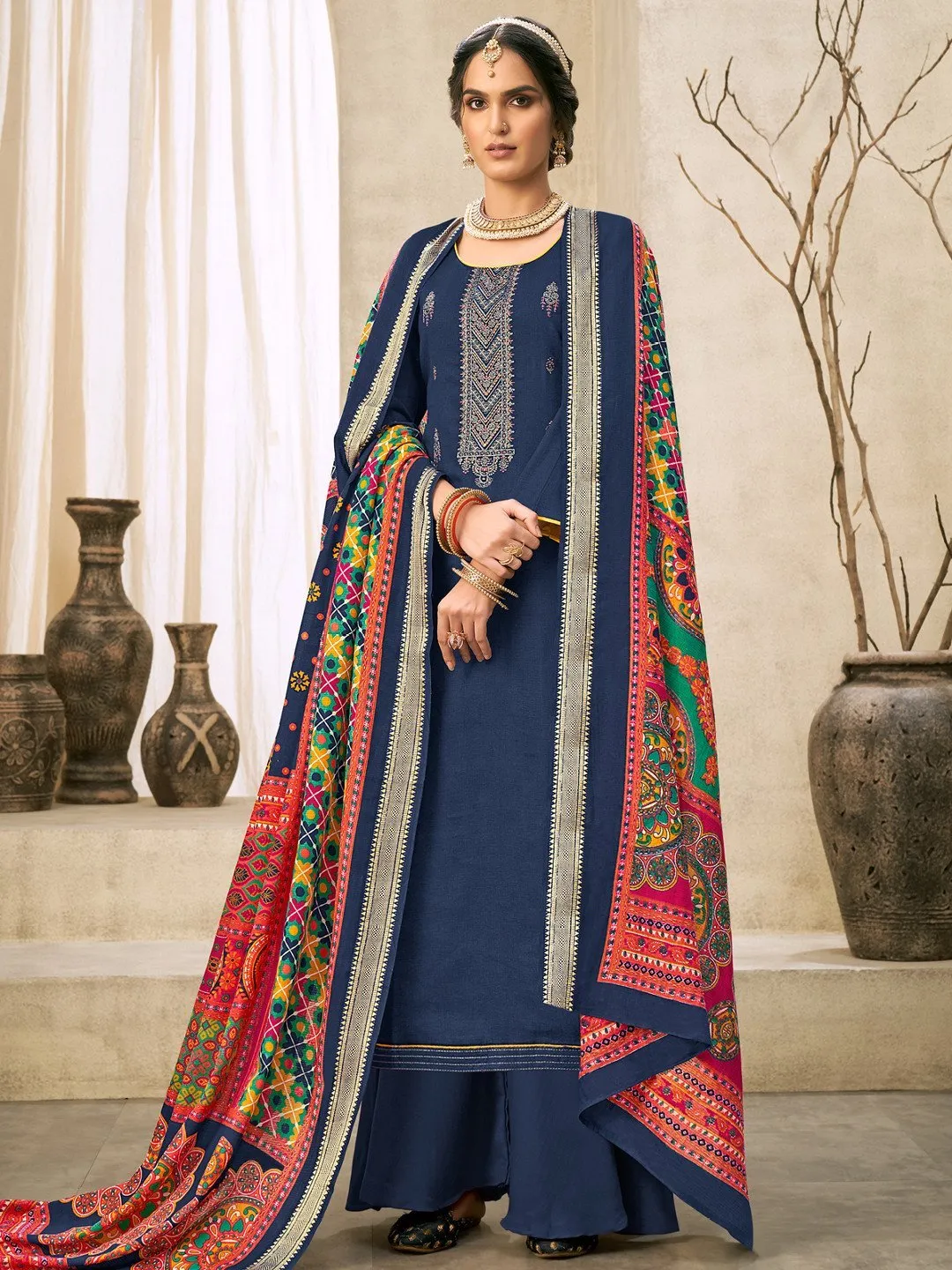 Blue Embroidered Unstitched Cotton Salwar Suit Material