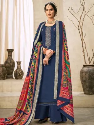 Blue Embroidered Unstitched Cotton Salwar Suit Material