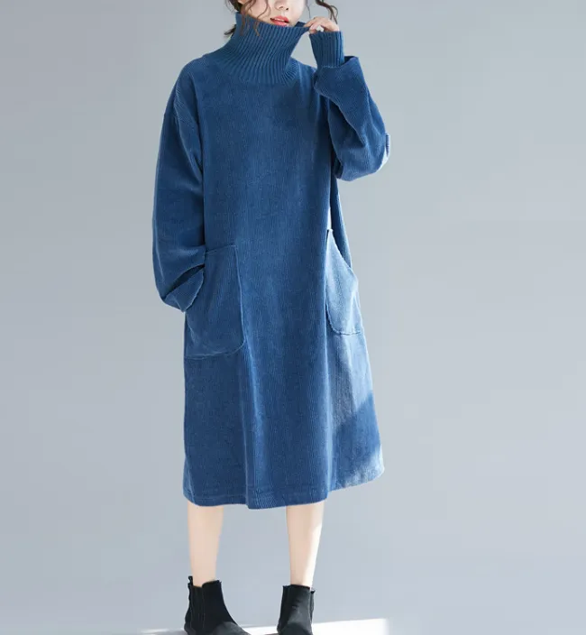 Blue Sweater Dresses Loose Fall Dresses Casual Women Dresses SSM97213