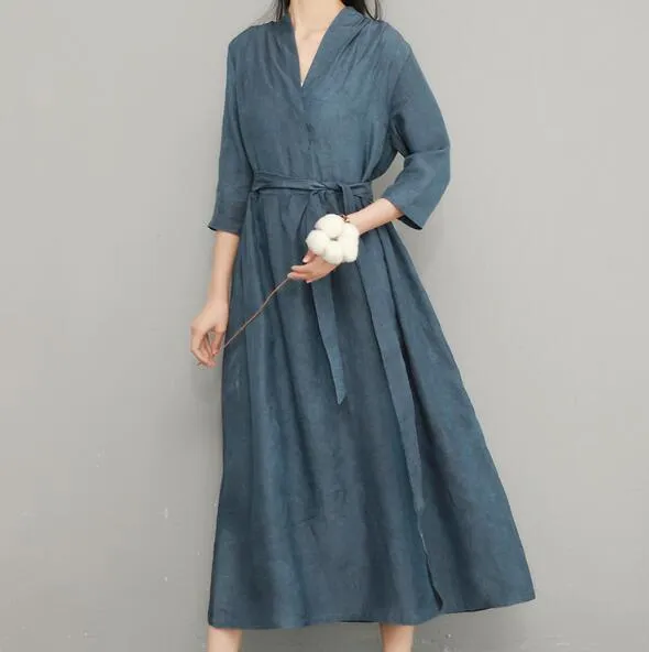 Blue Women Linen Silk Dresses Summer Dresses Women 3/4 Sleeve Dresses D9504