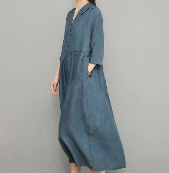 Blue Women Linen Silk Dresses Summer Dresses Women 3/4 Sleeve Dresses D9504