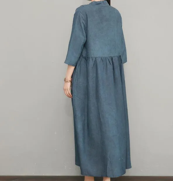 Blue Women Linen Silk Dresses Summer Dresses Women 3/4 Sleeve Dresses D9504