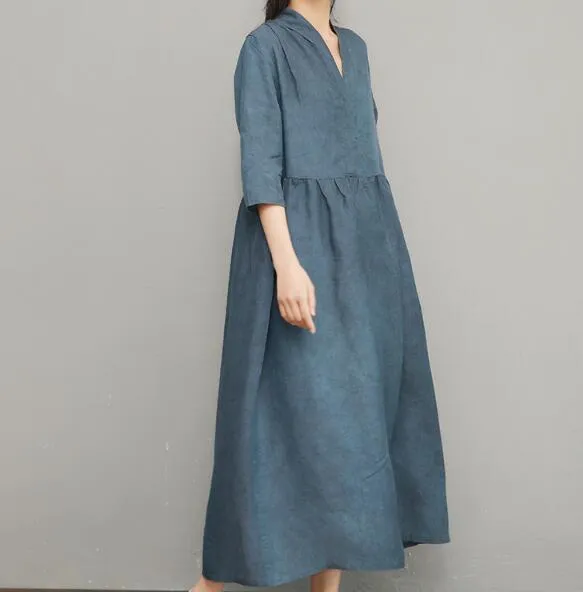 Blue Women Linen Silk Dresses Summer Dresses Women 3/4 Sleeve Dresses D9504