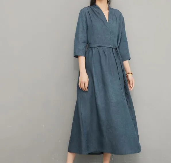 Blue Women Linen Silk Dresses Summer Dresses Women 3/4 Sleeve Dresses D9504