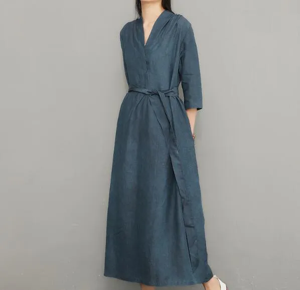 Blue Women Linen Silk Dresses Summer Dresses Women 3/4 Sleeve Dresses D9504