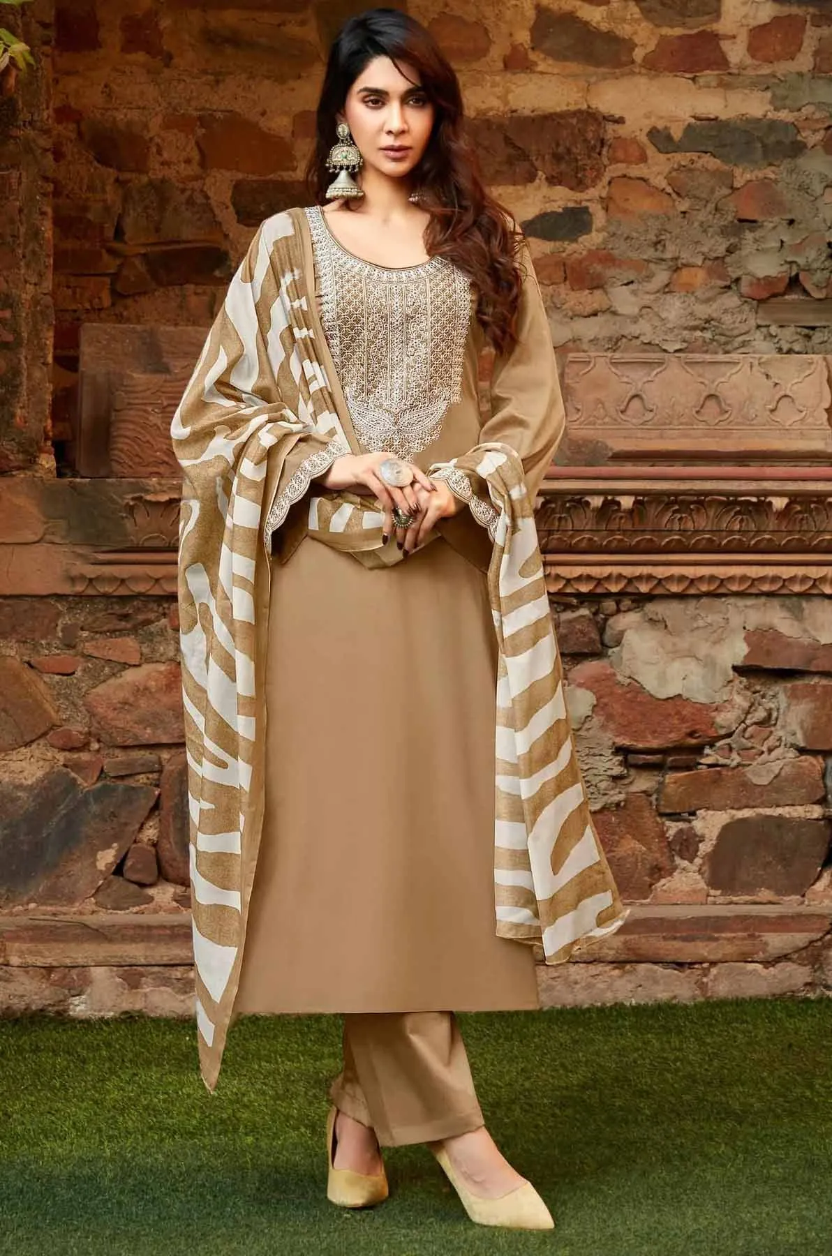 Brown Pure Cotton Satin Salwar Suit with Embroidery Unstitched