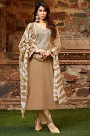 Brown Pure Cotton Satin Salwar Suit with Embroidery Unstitched