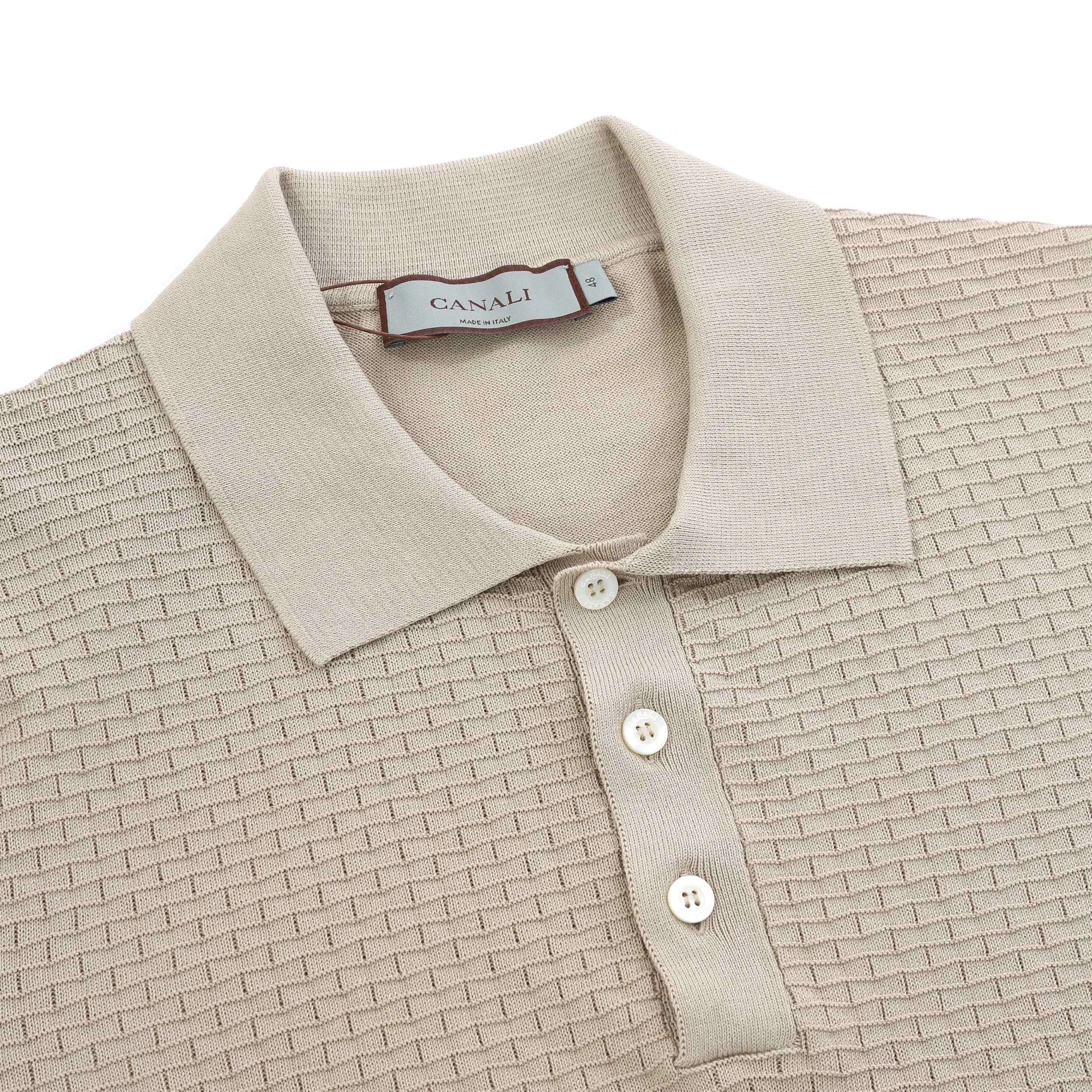 Canali Weave Front Knitted Polo in Beige