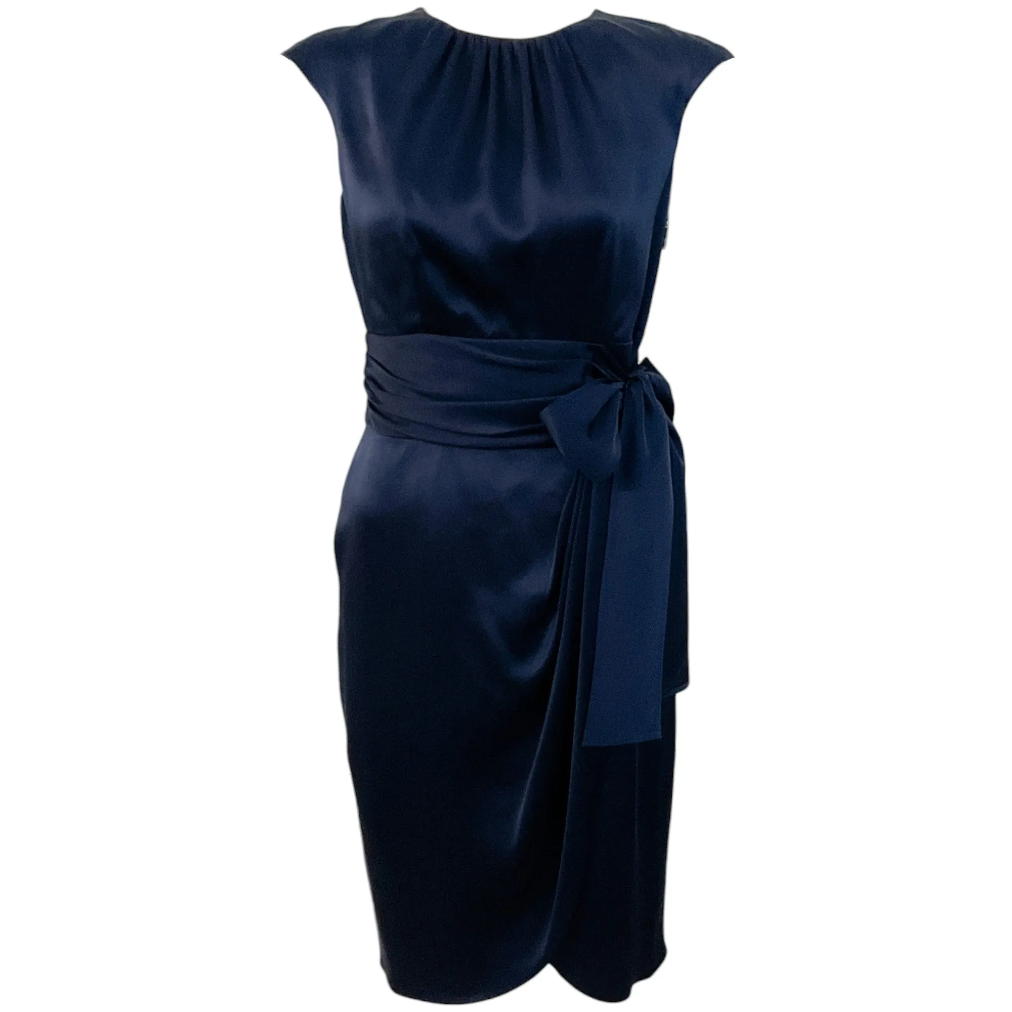 Carolina Herrera Navy Blue Silk Dress with Tie at Waist