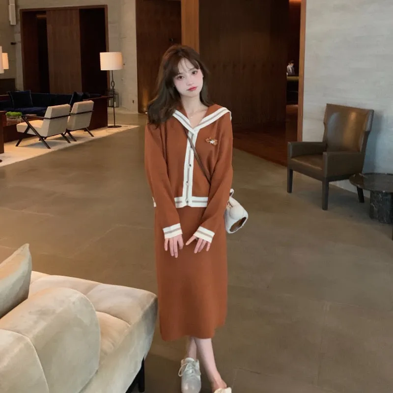 Christmas Gift 2 Piece Dress Set Women Elegant Knitted Suits Korean Fashion Cardigan Sweater   Casual Midi Skirts Deanwangkt Winter Tracksuits