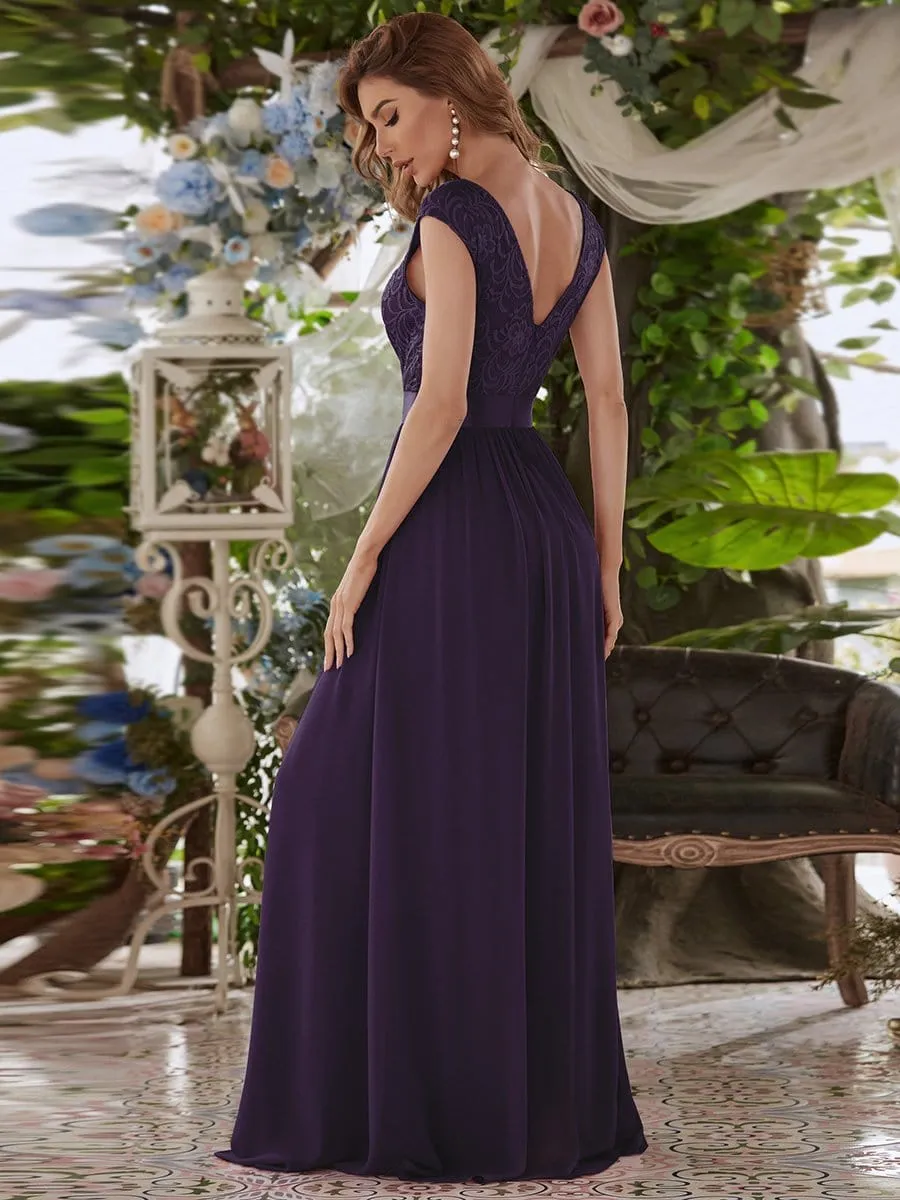 Classic Round Neck V Back Lace Bodice Bridesmaid Dress