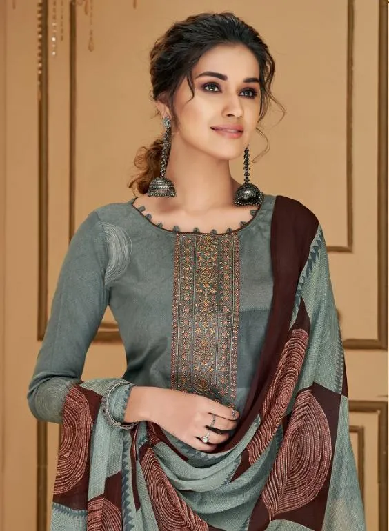 Cotton Unstitched Grey Salwar Suits Material with Chiffon Dupatta for Woman