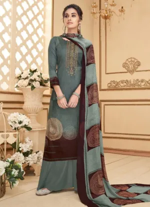 Cotton Unstitched Grey Salwar Suits Material with Chiffon Dupatta for Woman