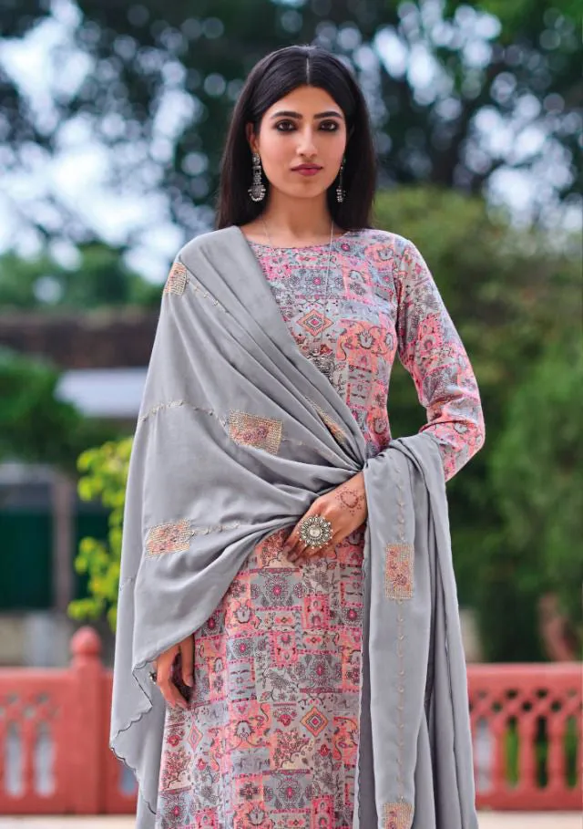 Designer Grey Unstitched Jam Cotton Dress materials For Ladies