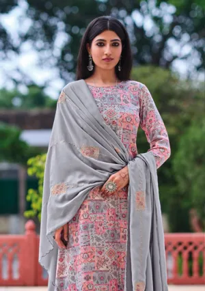 Designer Grey Unstitched Jam Cotton Dress materials For Ladies