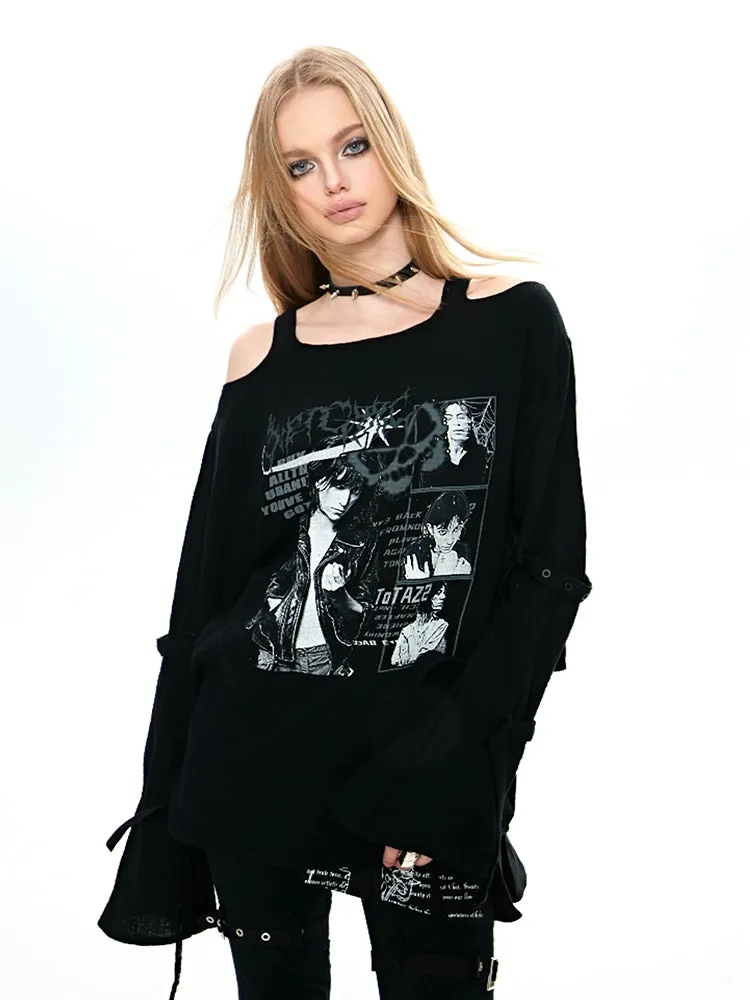 Diet Grrrl Gothic Punk Cold Shoulder Sweater - Black Graphic Print Long Sleeve Top With Thumb Holes