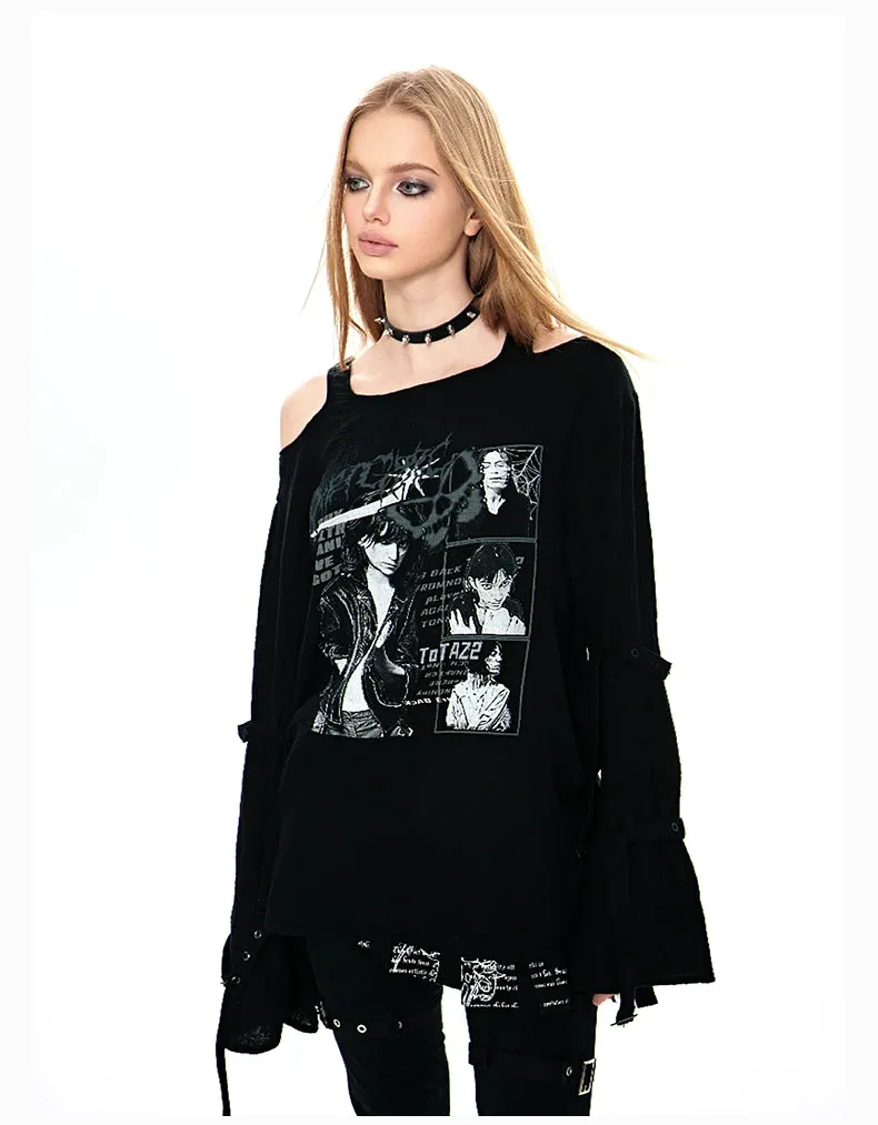 Diet Grrrl Gothic Punk Cold Shoulder Sweater - Black Graphic Print Long Sleeve Top With Thumb Holes