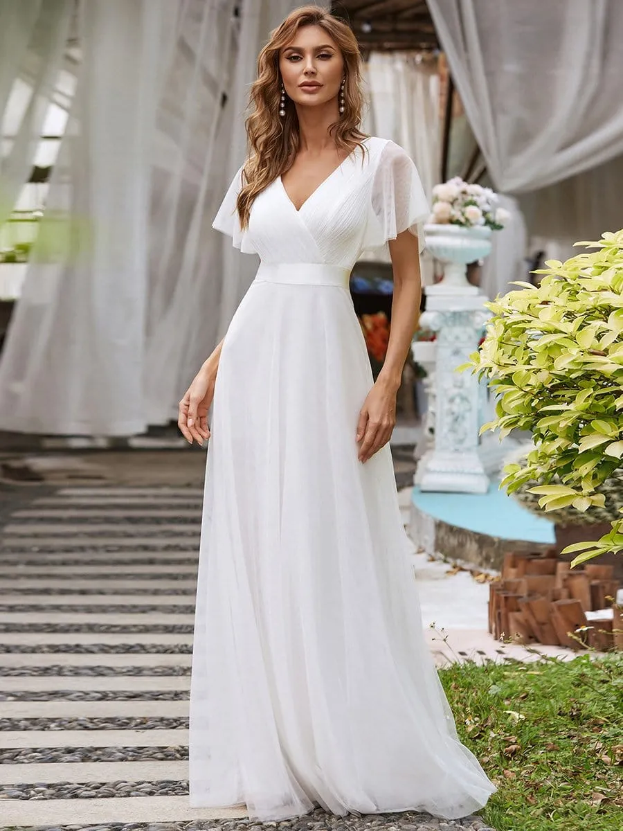 Double V-Neck Floor-Length Short Sleeve Tulle Bridesmaid Dresses