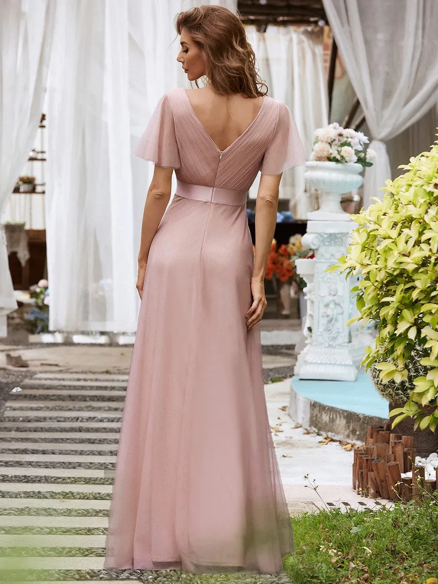 Double V-Neck Floor-Length Short Sleeve Tulle Bridesmaid Dresses