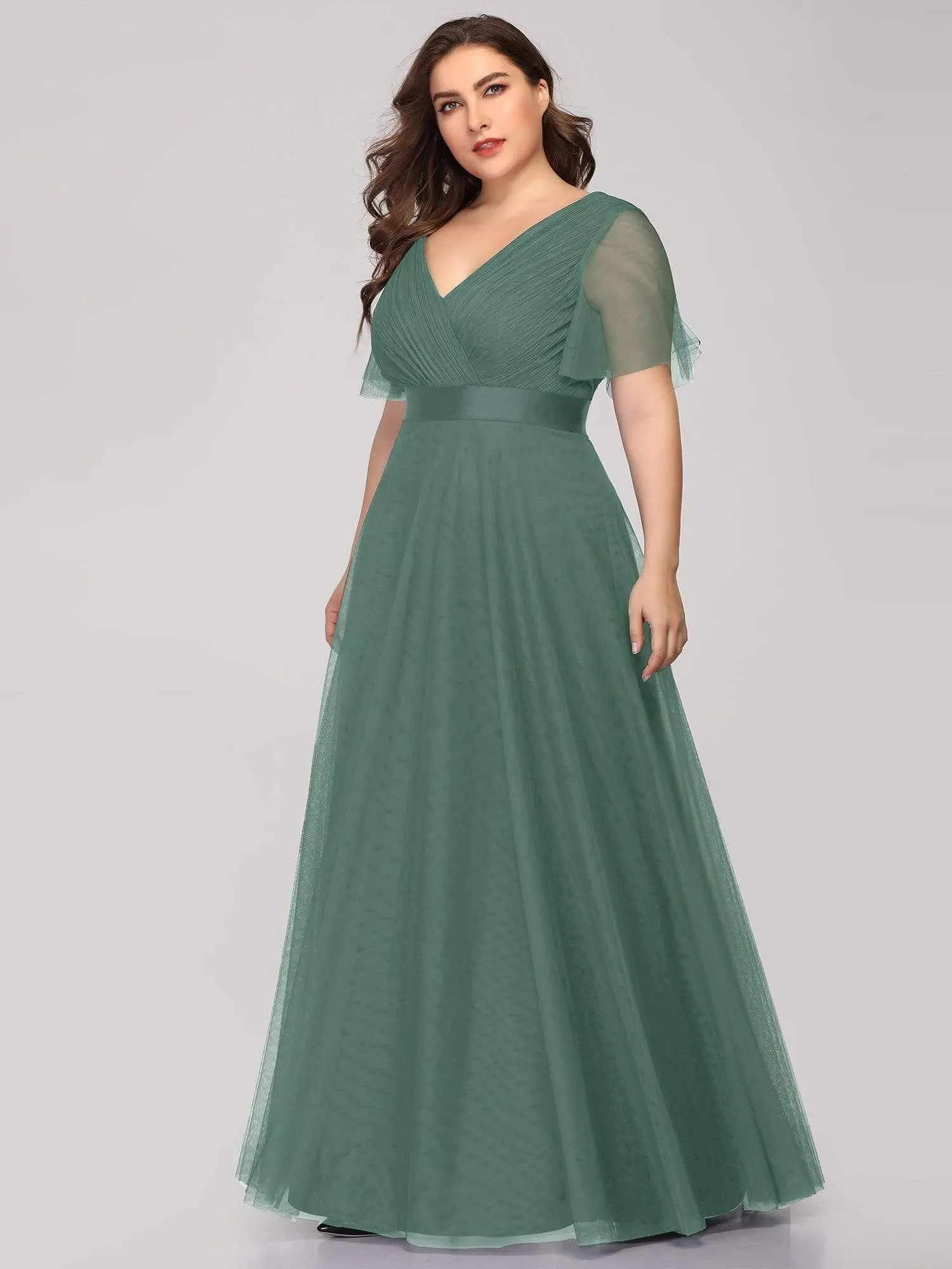 Double V-Neck Floor-Length Short Sleeve Tulle Bridesmaid Dresses