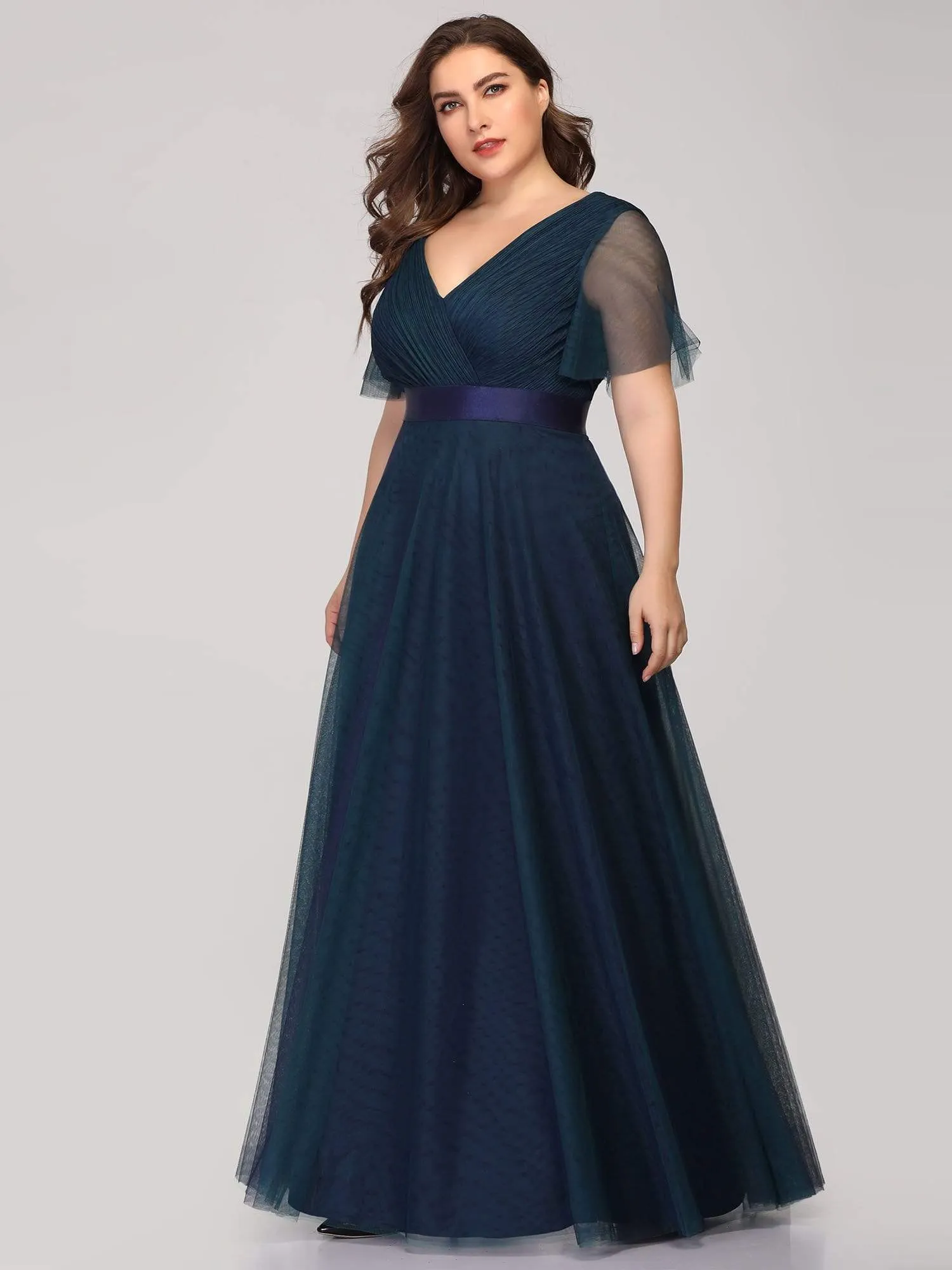 Double V-Neck Floor-Length Short Sleeve Tulle Bridesmaid Dresses