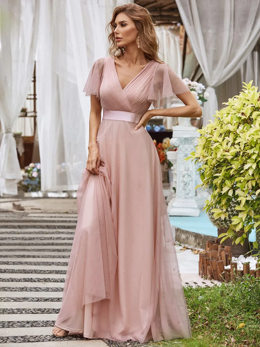 Double V-Neck Floor-Length Short Sleeve Tulle Bridesmaid Dresses