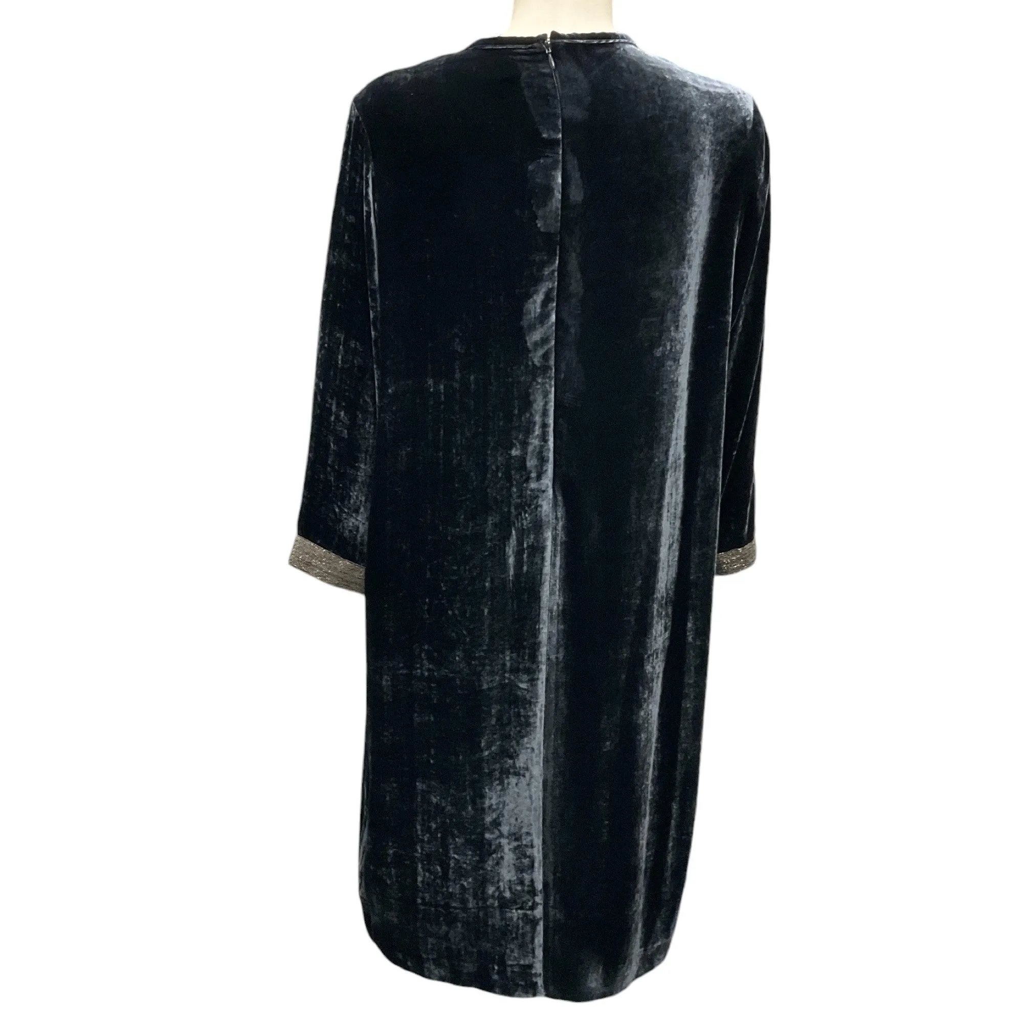 Fabiana Filippi Navy Blue Monili Beaded Detail Long Sleeved Velvet Dress