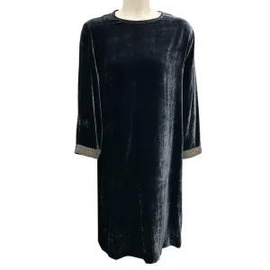 Fabiana Filippi Navy Blue Monili Beaded Detail Long Sleeved Velvet Dress