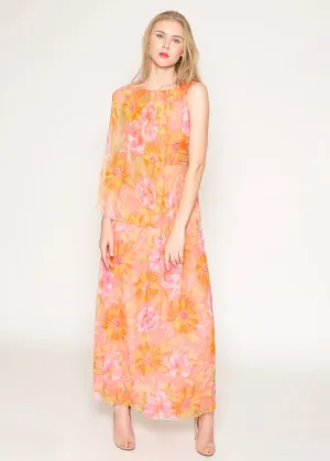 Floral print chiffon capelet sheer midriff dress