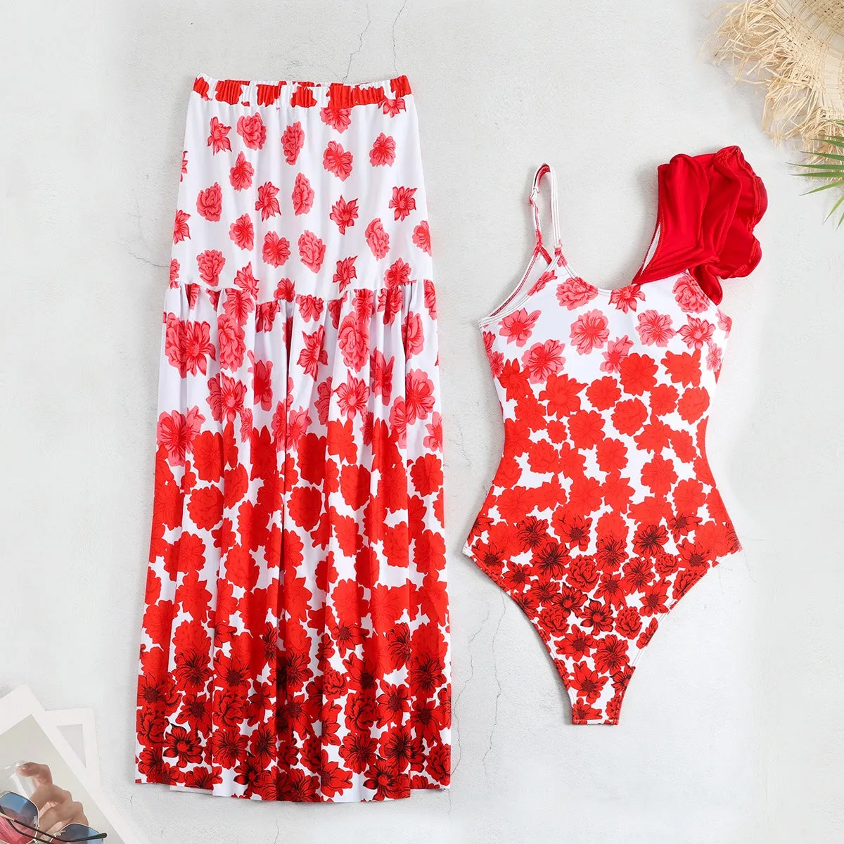 Floral Ruffled One Shoulder One-Piece Swimsuit and Cover Up Skirt