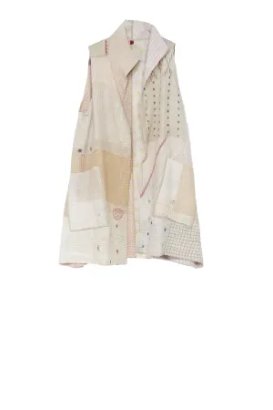 FRAYED PATCH MIX KANTHA WING COLLAR VEST - fm4207-ivy -