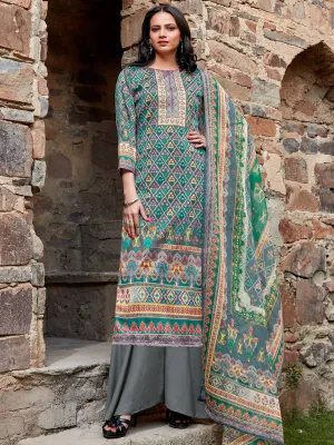 Grey Cotton Unstitched Suit Material With Chiffon Dupatta