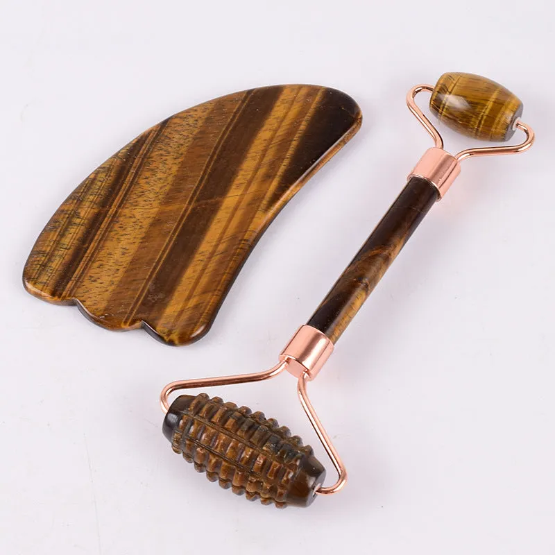 Jade Roller Face Gua Sha Scraping Massage Tool Massage Stick Face Scraper Crystal Tiger-Shaped Stone Thorn Roller Scraper Set