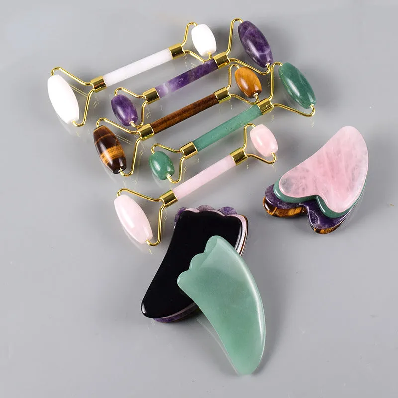 Jade Scraping Plate Powder Crystal Massage Roller Scraping Plate Set Eye Massage Stick Jade Roller Massager