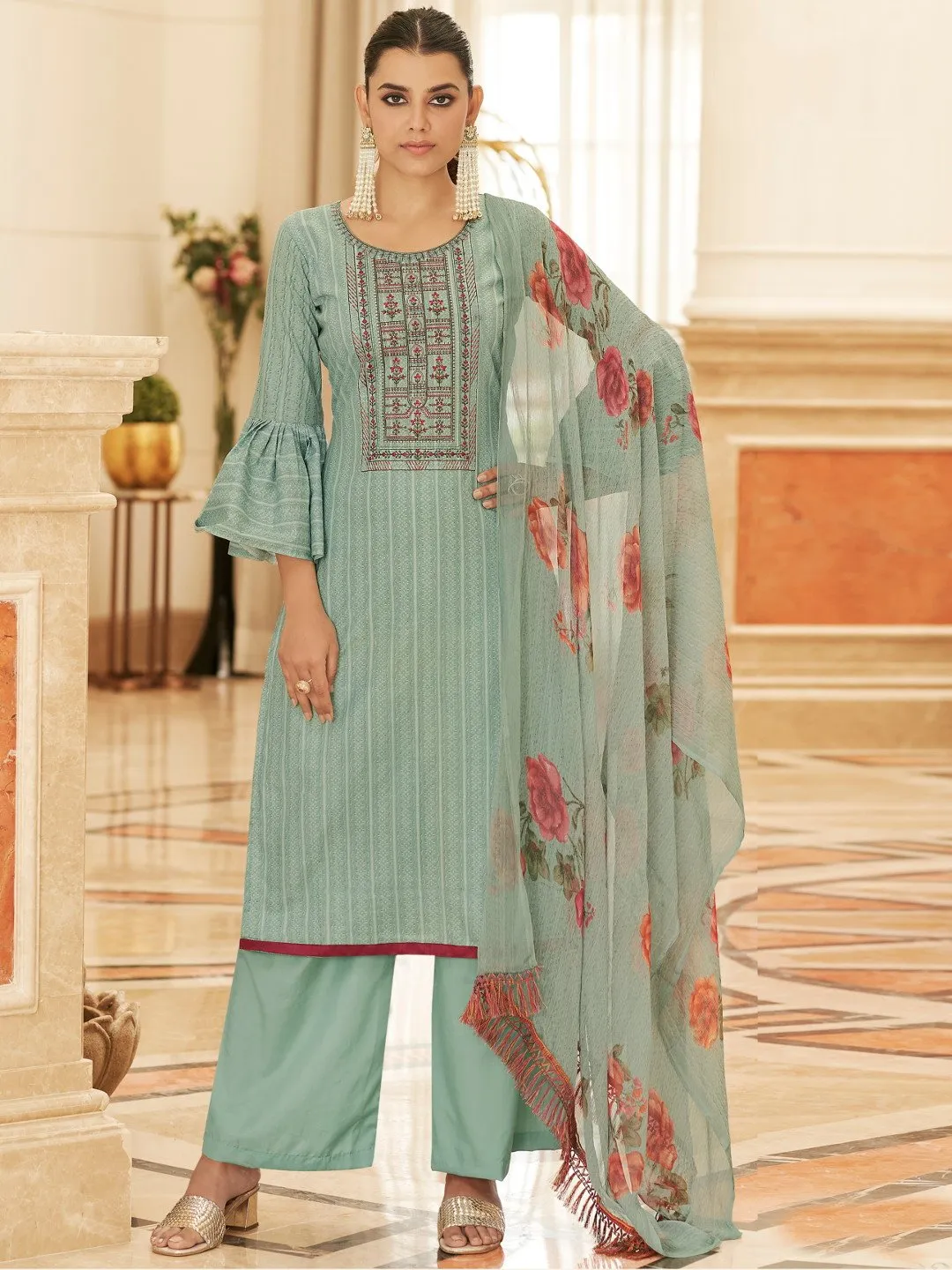 Light Green Cotton Printed Unstitched Suit with Dupatta