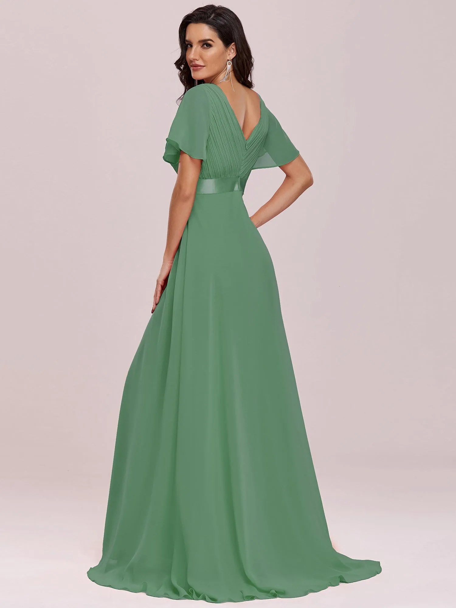 Long Chiffon Empire Waist Bridesmaid Dress with Short Flutter Sleeves