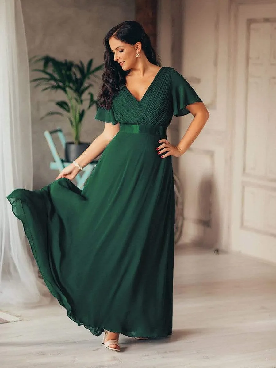 Long Chiffon Empire Waist Bridesmaid Dress with Short Flutter Sleeves