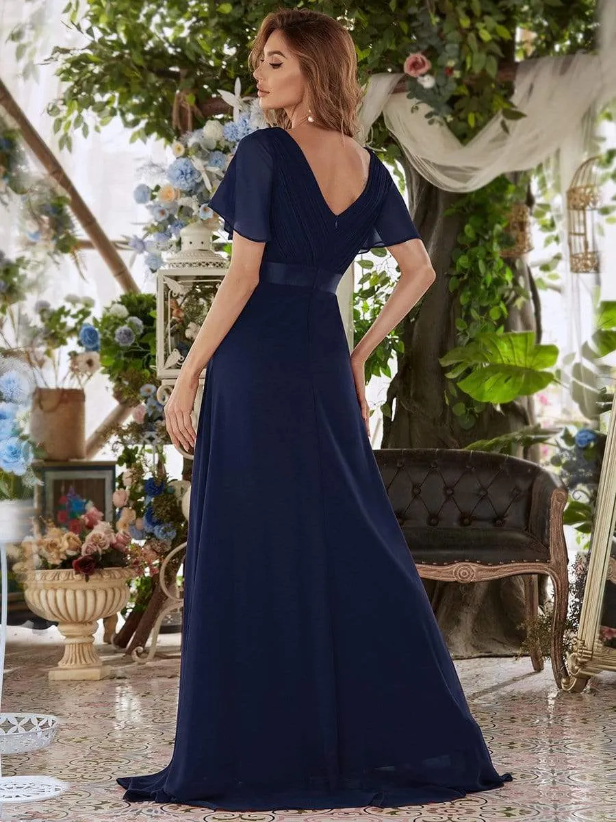 Long Chiffon Empire Waist Bridesmaid Dress with Short Flutter Sleeves