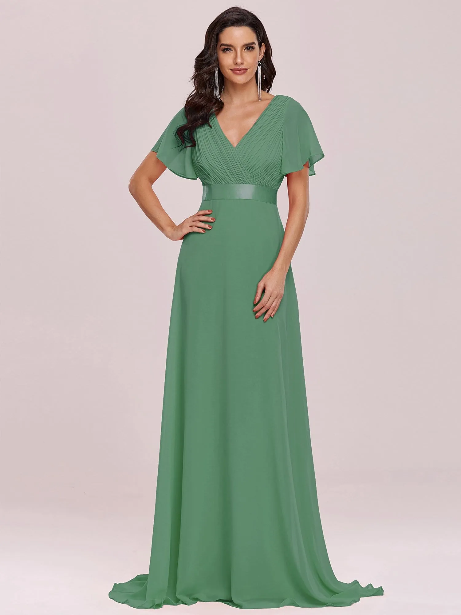 Long Chiffon Empire Waist Bridesmaid Dress with Short Flutter Sleeves