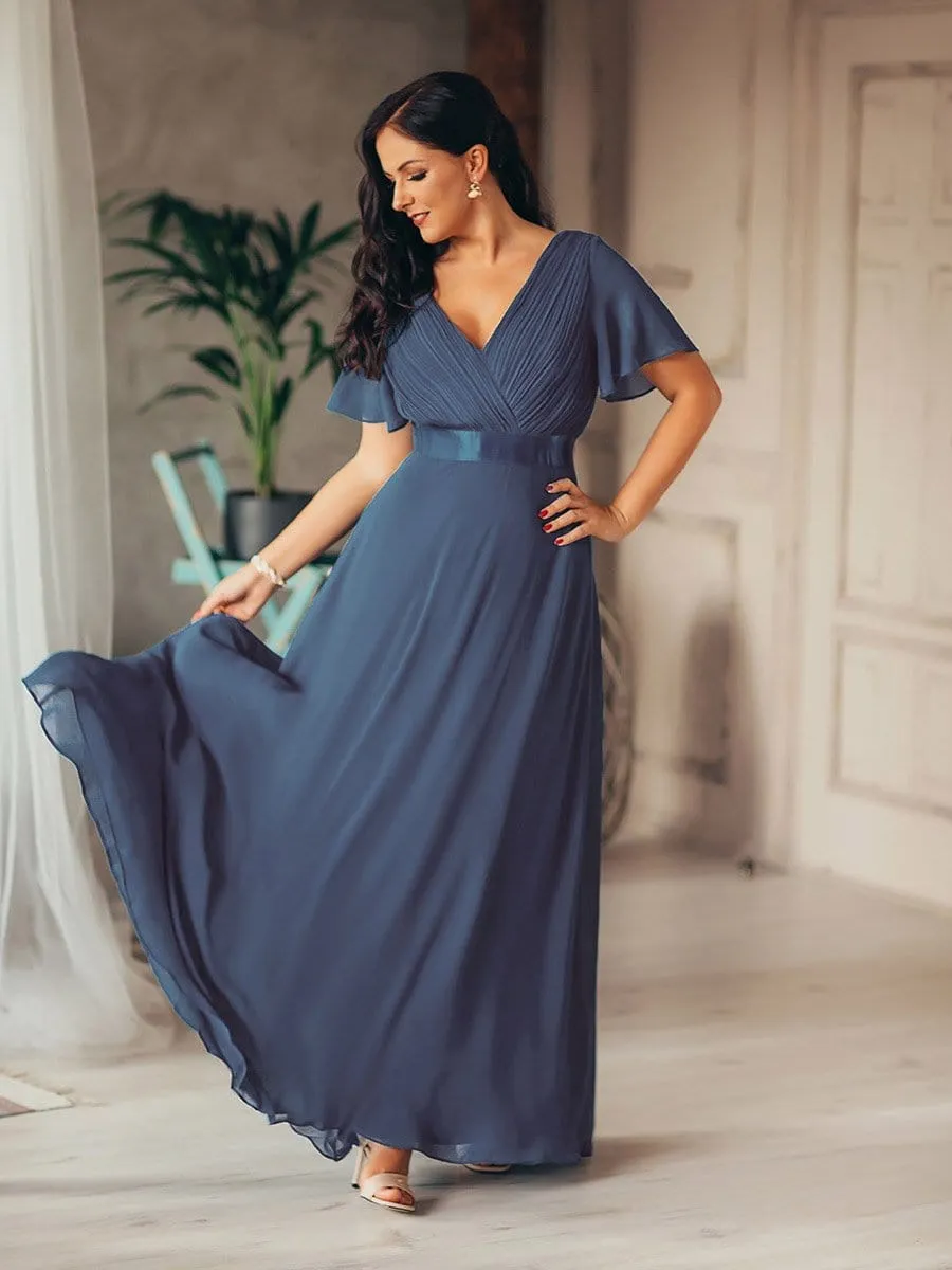 Long Chiffon Empire Waist Bridesmaid Dress with Short Flutter Sleeves