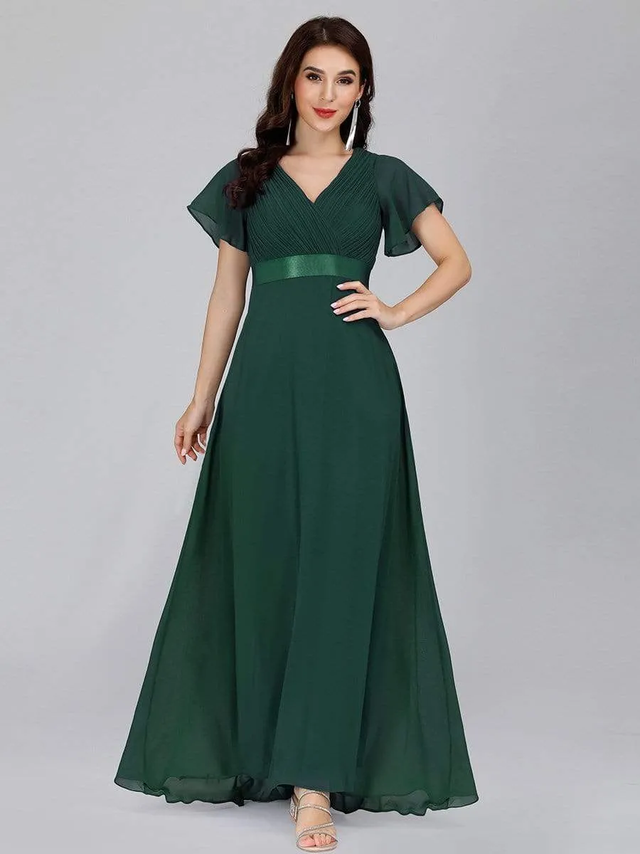 Long Chiffon Empire Waist Bridesmaid Dress with Short Flutter Sleeves