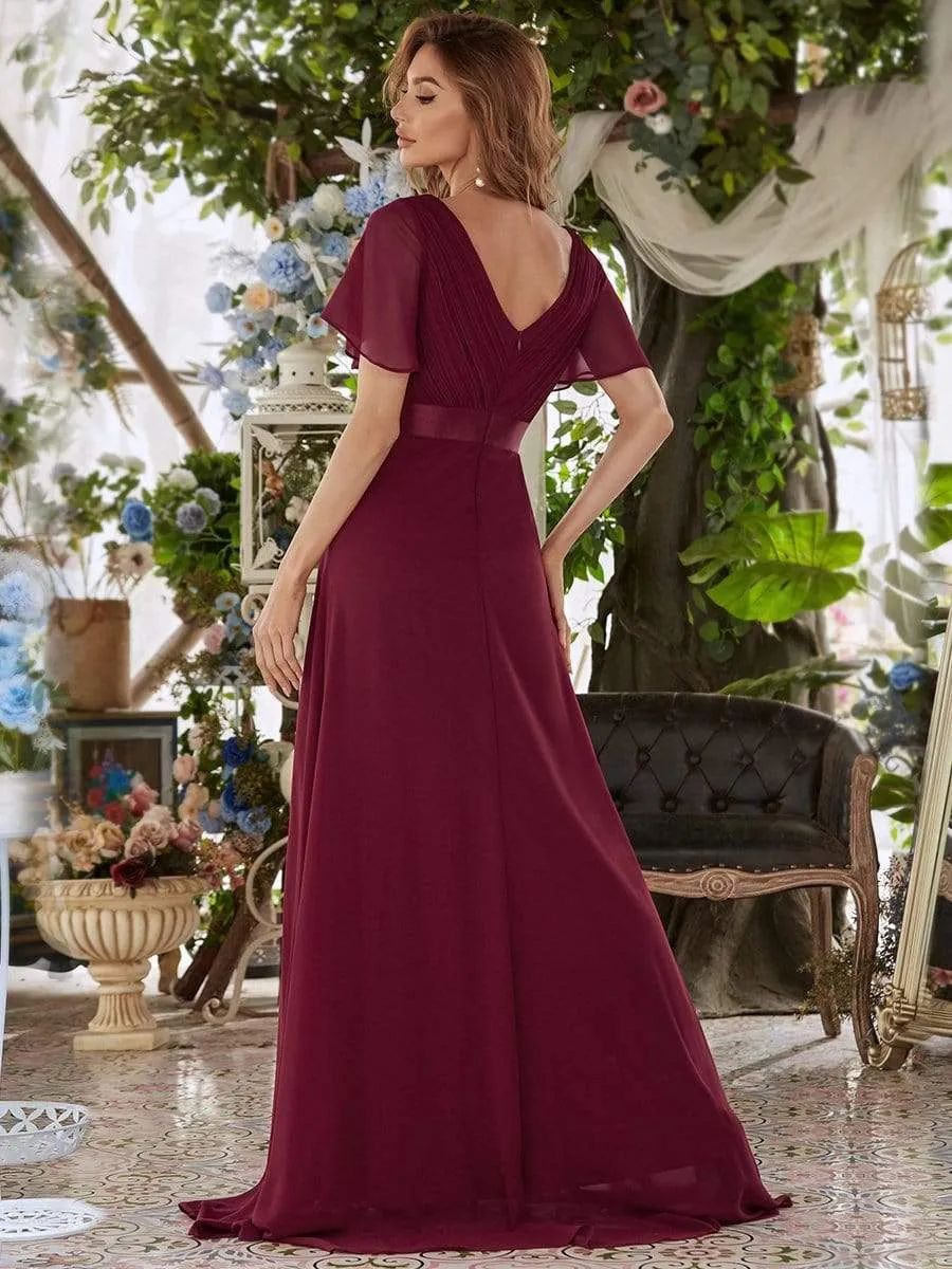 Long Chiffon Empire Waist Bridesmaid Dress with Short Flutter Sleeves