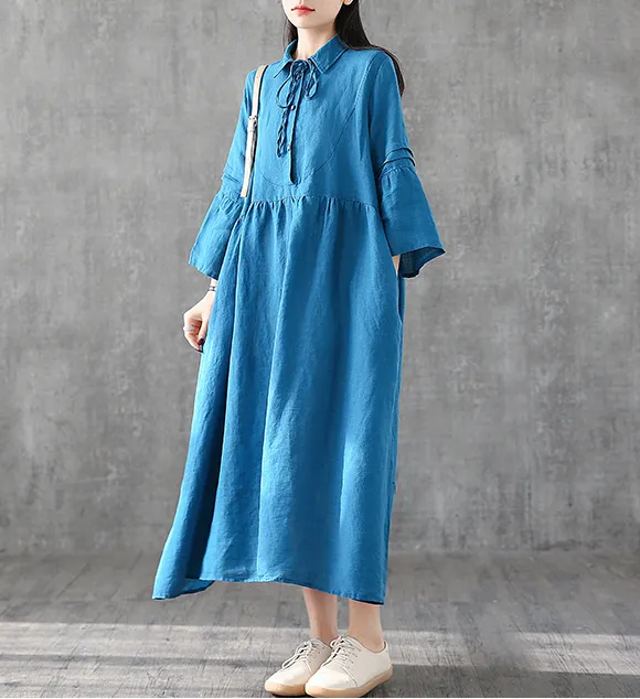 Long Sleeve Summer Spring Cotton Linen Women loose Dresses DZA05254