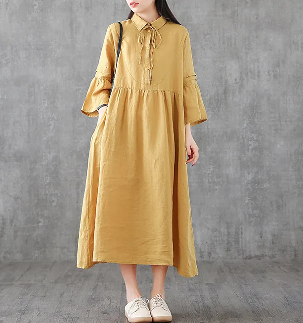 Long Sleeve Summer Spring Cotton Linen Women loose Dresses DZA05254